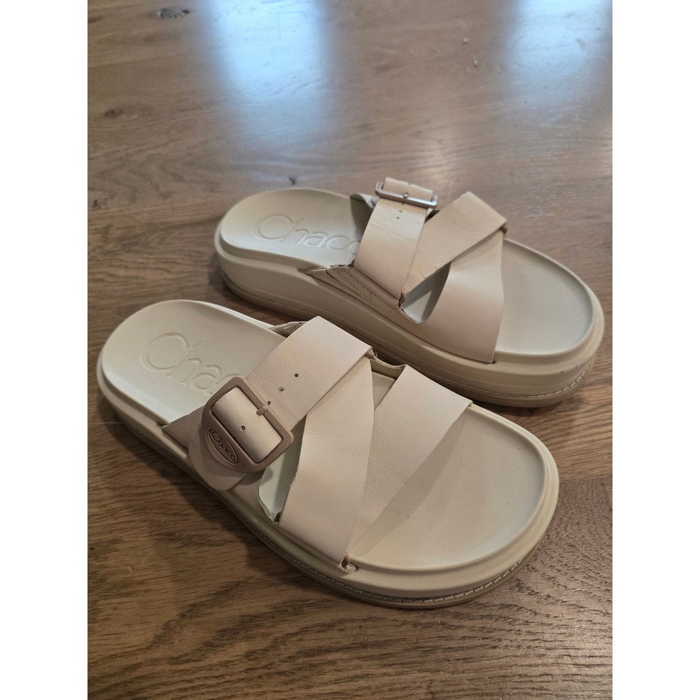 Chaco Townes Slide Cream Leather Sandals Womens 9 Buckle Crisscross